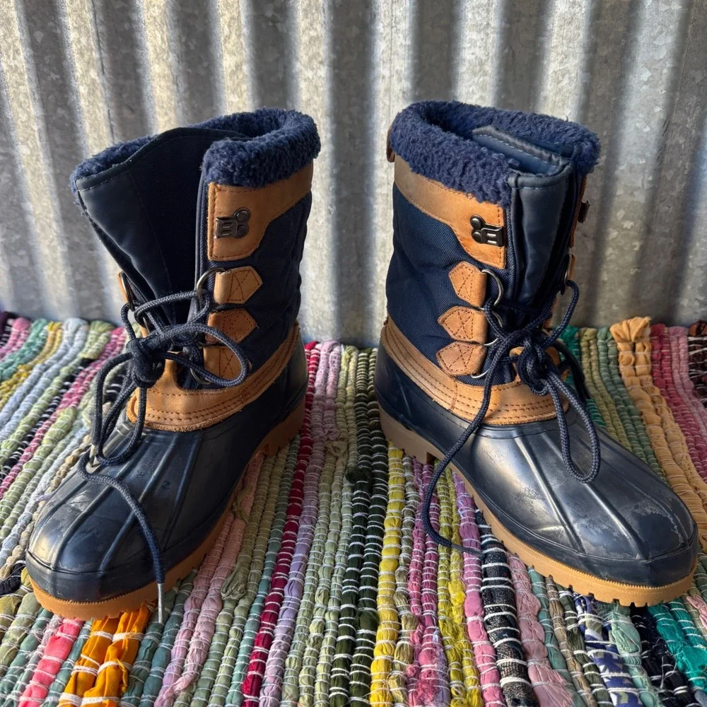 Eddie Bauer Mens Duck Boots Navy Blue Tan Leather Rubber Winter Snow Boots 8M